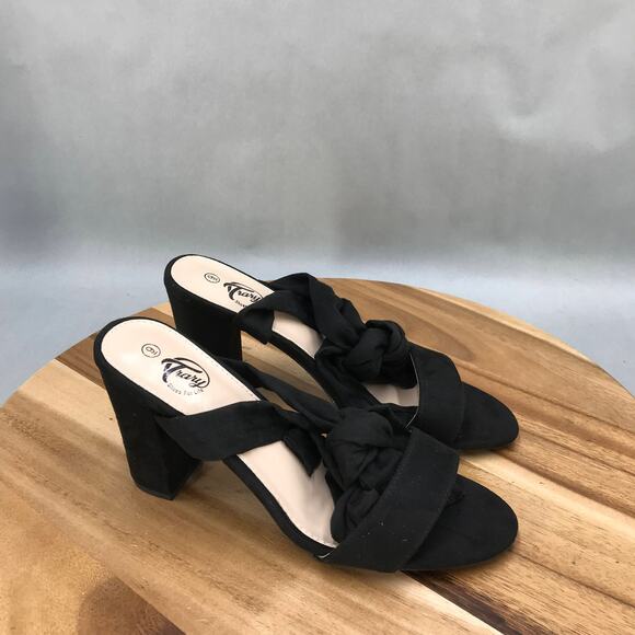 Trary Chunky High Heel Sandals Womens 9 Black Ankle Tie Block‎ Heel - Picture 1 of 7